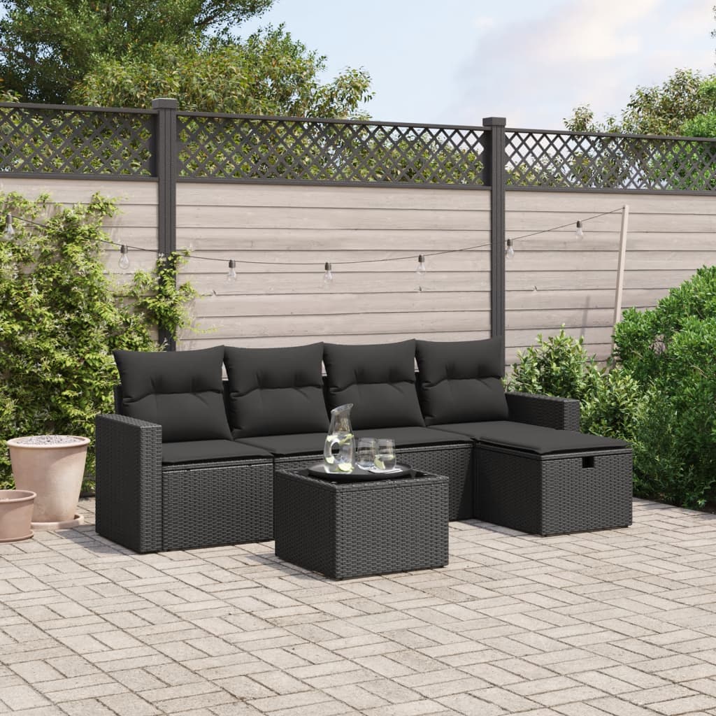 vidaXL Set Divano da Giardino 6 pz con Cuscini Nero in Polyrattan