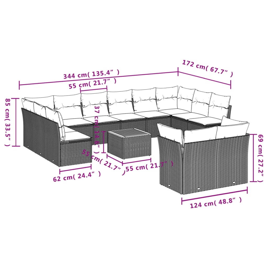 vidaXL Set Divani da Giardino 13pz con Cuscini Nero in Polyrattan