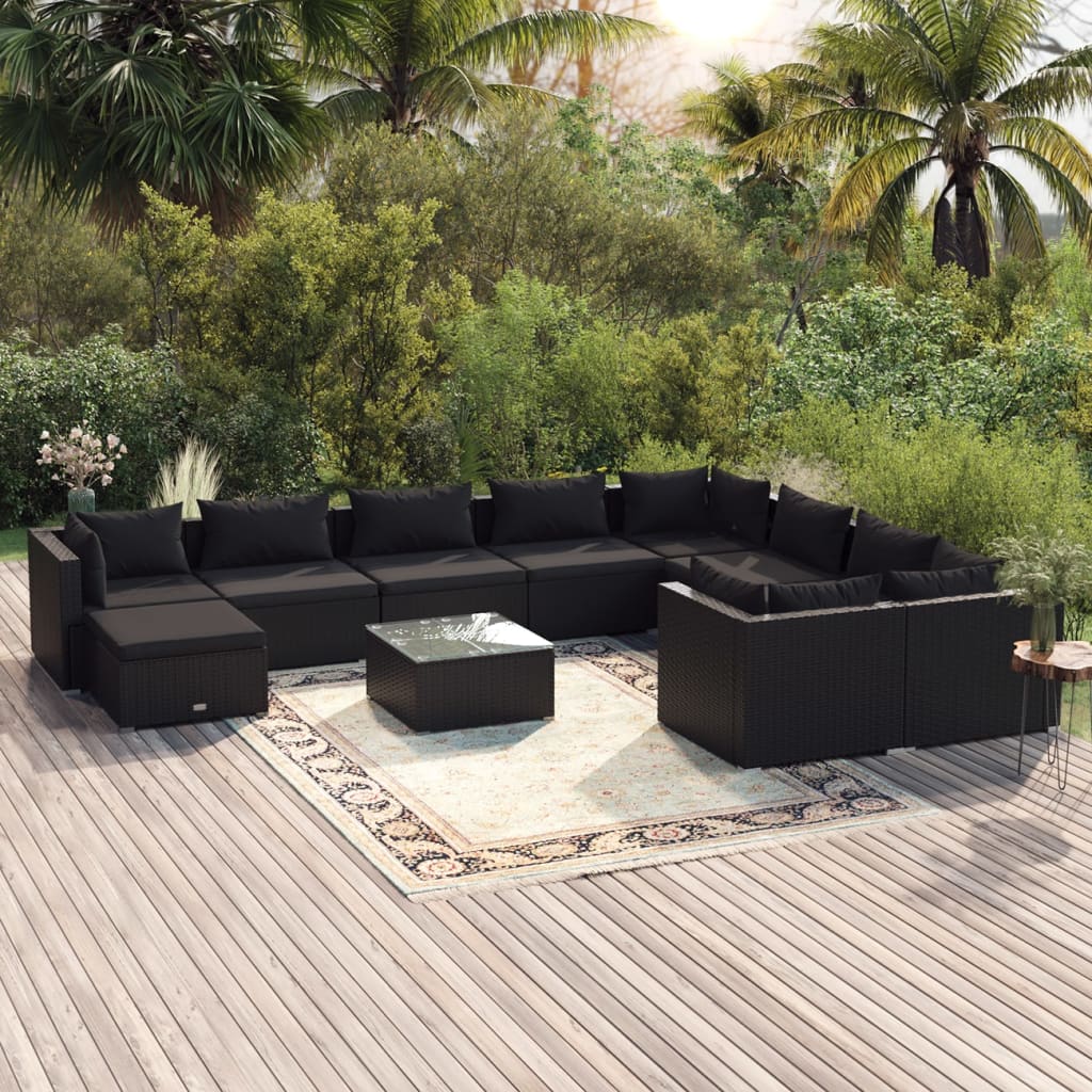 vidaXL Set Divani da Giardino 11 pz con Cuscini in Polyrattan Nero