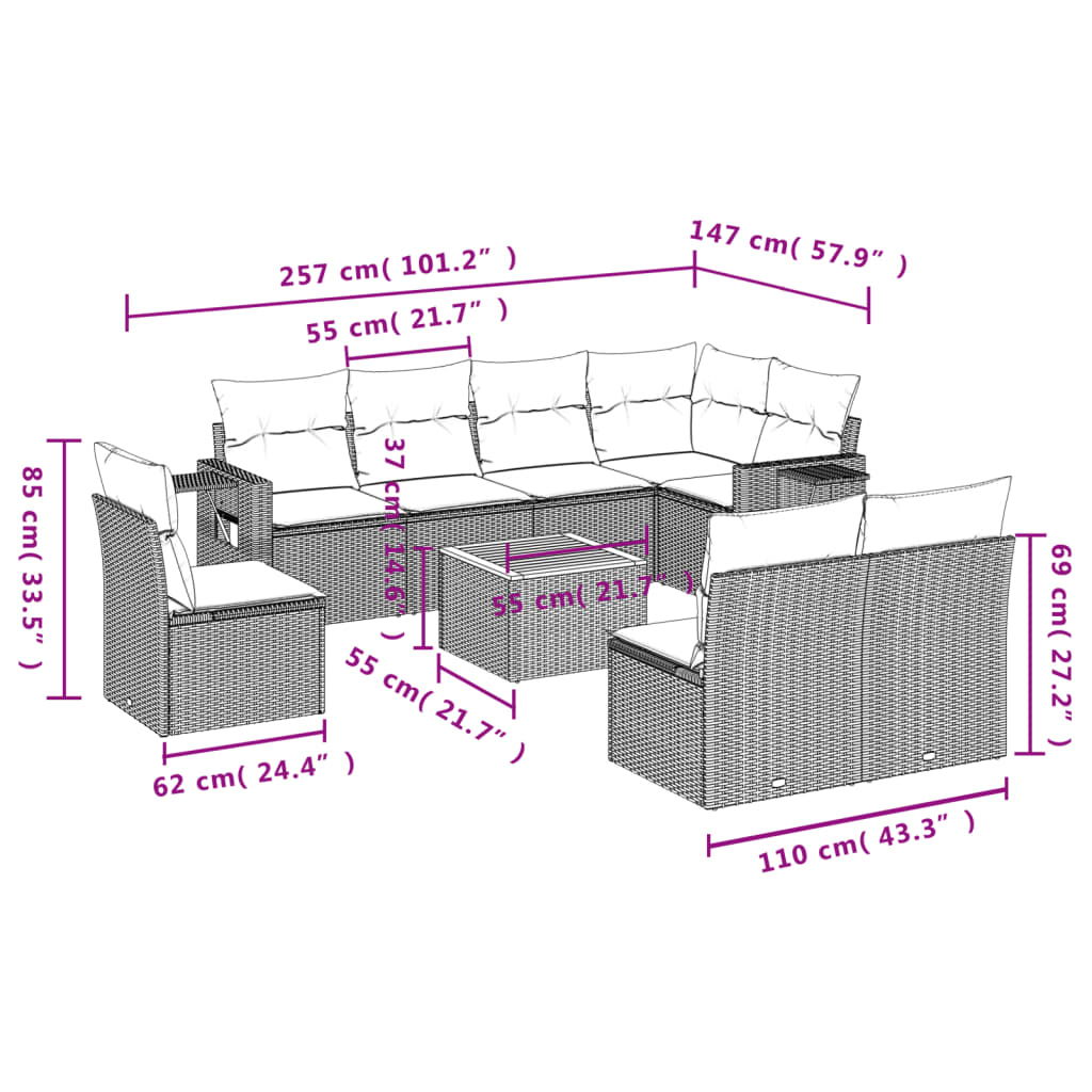 vidaXL Set Divano da Giardino 9 pz con Cuscini Grigio in Polyrattan