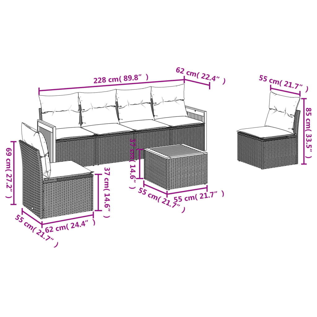 vidaXL Set Divani da Giardino 7 pz con Cuscini Beige in Polyrattan