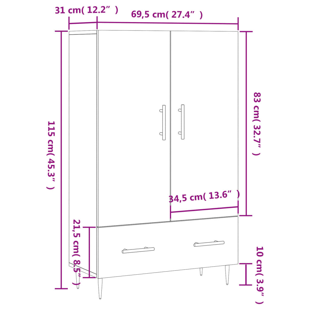 vidaXL Credenza Bianca 69,5x31x115 cm in Legno Multistrato