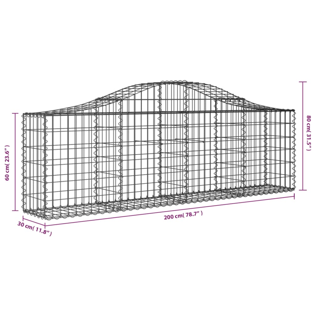 vidaXL Cesti Gabbioni ad Arco 5 pz 200x30x60/80 cm Ferro Zincato