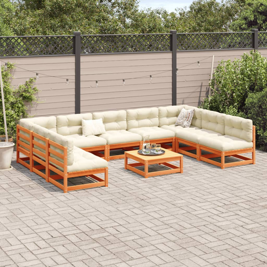 vidaXL Set Divani Giardino 10pz con Cuscini Marrone Cera Massello Pino