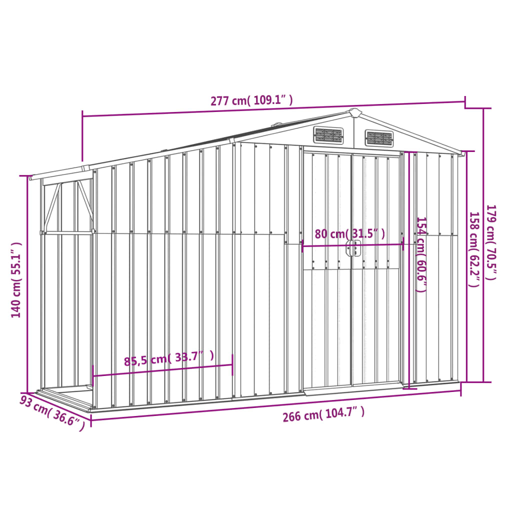 vidaXL Capanno da Giardino Grigio 277x93x179 cm in Acciaio Zincato