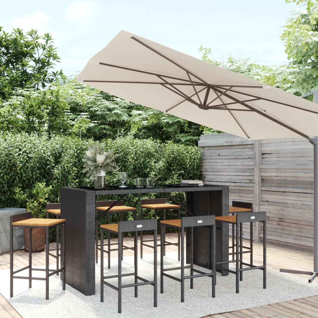 vidaXL Set Bar Giardino 9 pz Nero Polyrattan e Legno Massello Acacia