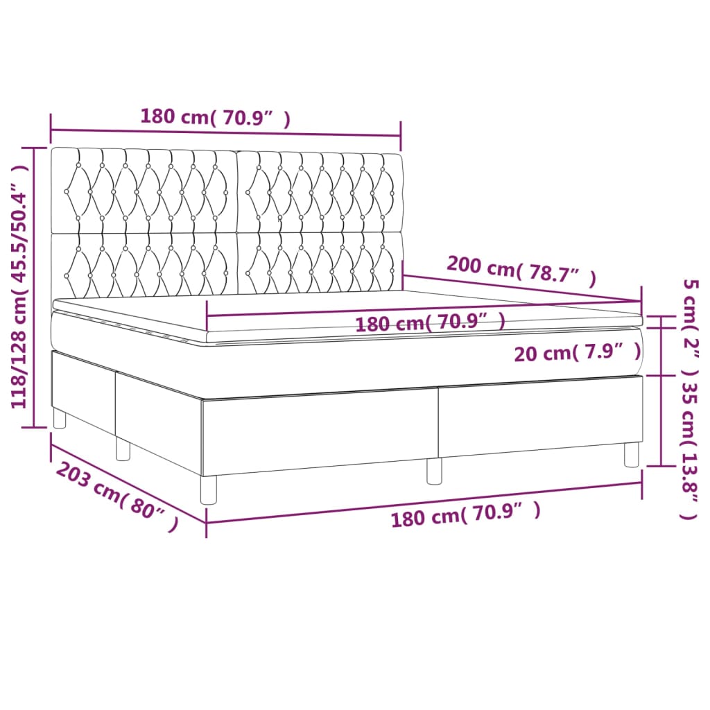 vidaXL Letto a Molle con Materasso e LED Tortora 180x200 cm in Tessuto