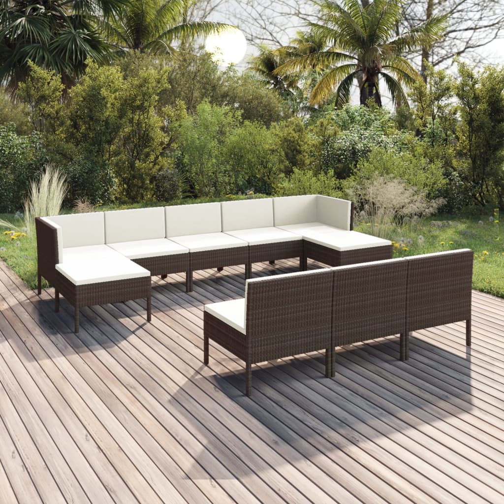 vidaXL Set Divani da Giardino 10 pz con Cuscini in Polyrattan Marrone