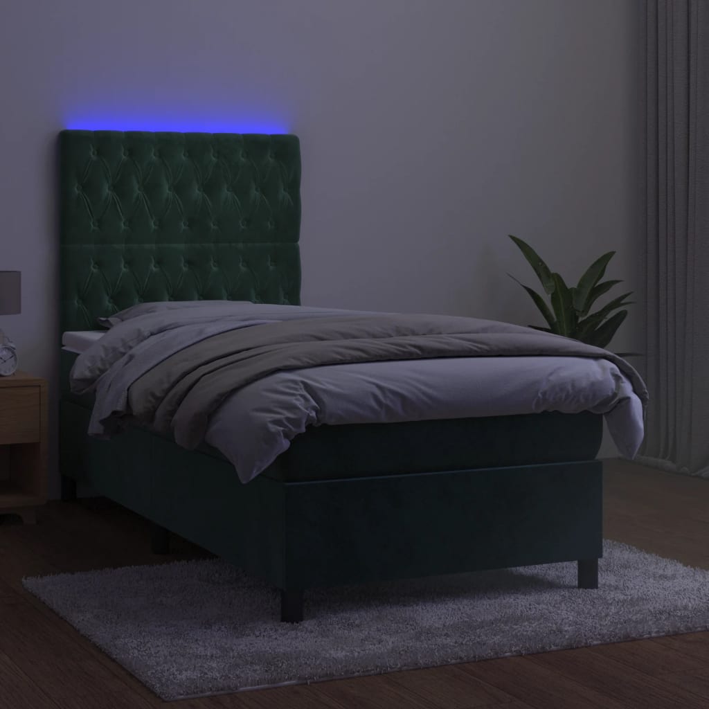 vidaXL Letto a Molle con Materasso e LED Verde Scuro 90x190 cm Velluto