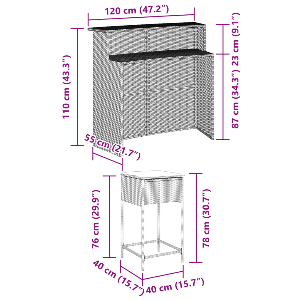 vidaXL Set Bar da Giardino 5 pz con Cuscini in Polyrattan Grigio