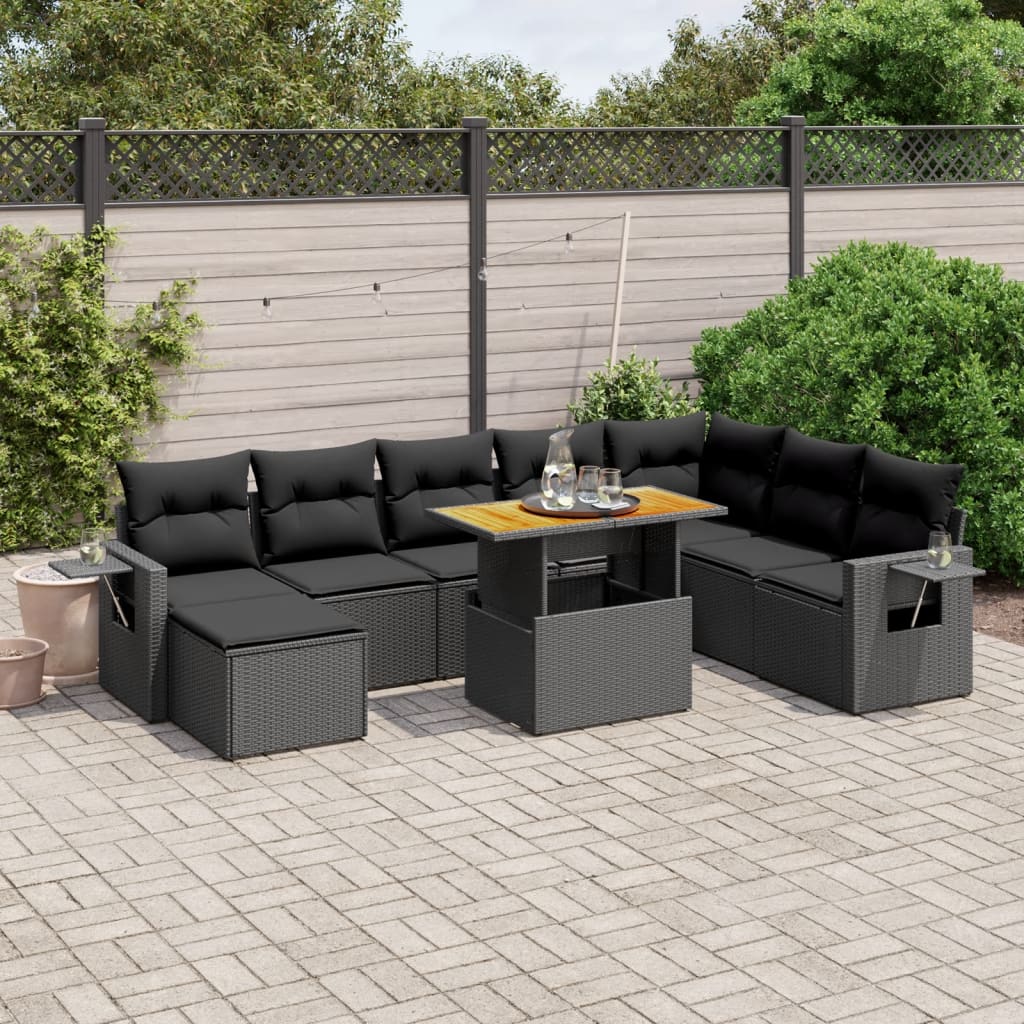 vidaXL Set Divani da Giardino 9 pz con Cuscini Nero in Polyrattan