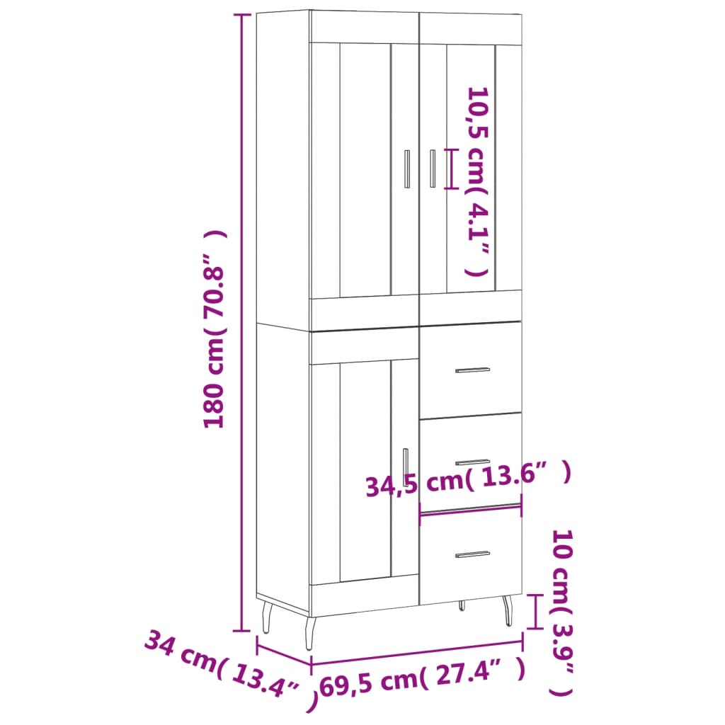 vidaXL Credenza Bianca 69,5x34x180 cm in Legno Multistrato