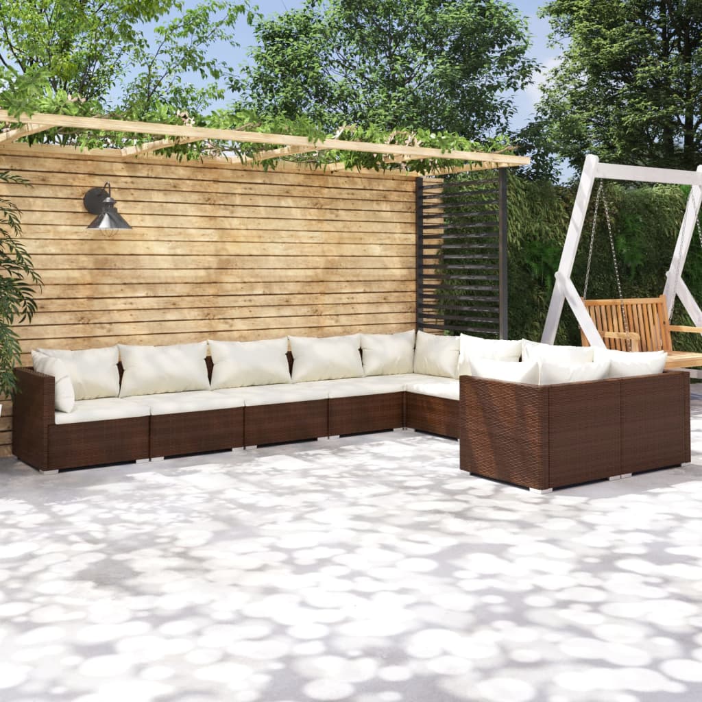 vidaXL Set Divani da Giardino 9 pz con Cuscini in Polyrattan Marrone