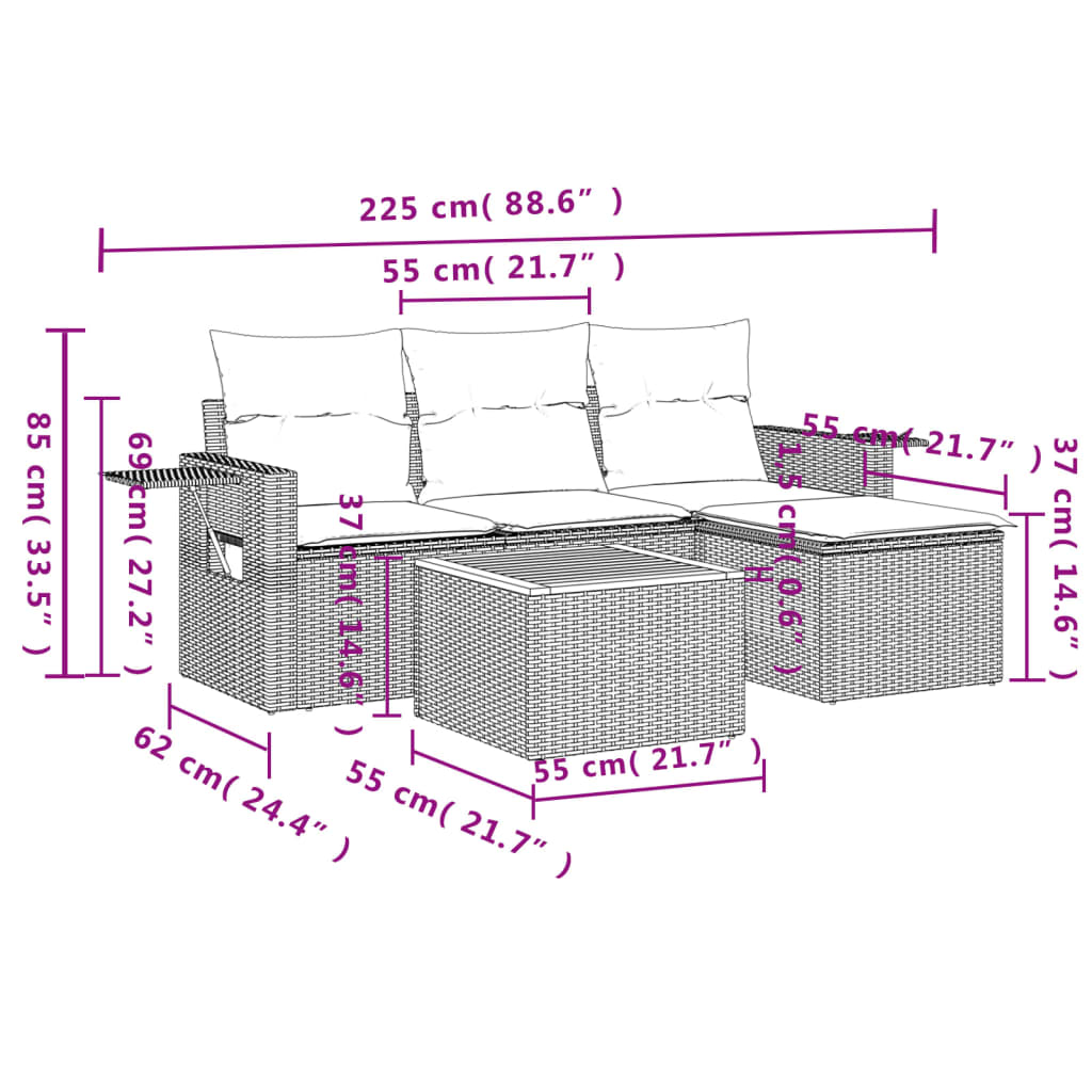 vidaXL Set Divani da Giardino 5 pz con Cuscini in Polyrattan Nero