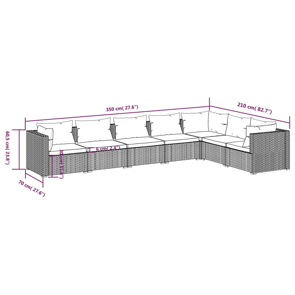 vidaXL Set Divani da Giardino 7 pz con Cuscini in Polyrattan Marrone