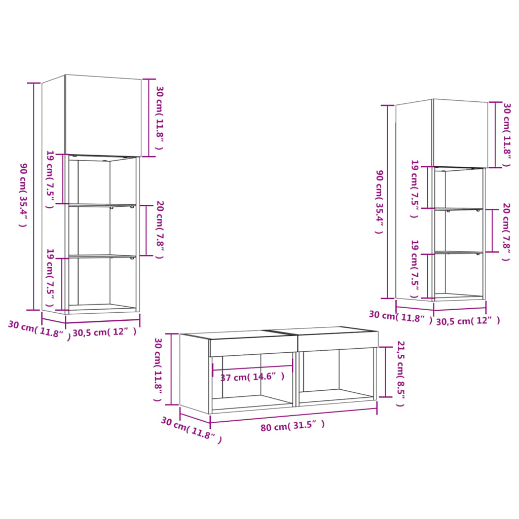 vidaXL Mobili TV a Muro 4pz con Luci LED Grigio Sonoma