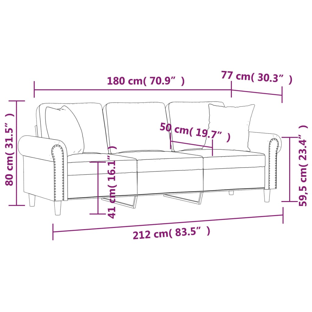 vidaXL Divano a 3 Posti con Cuscini Grigio Chiaro 180 cm in Velluto