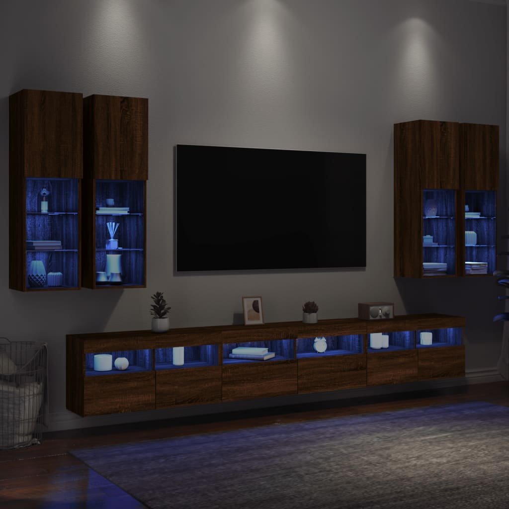 vidaXL Set Mobili TV a Muro 7 pz con Luci LED Rovere Marrone