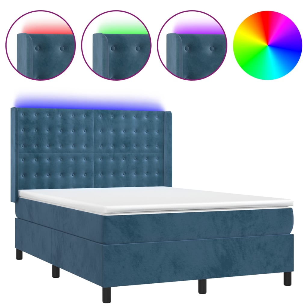 vidaXL Letto a Molle con Materasso e LED Blu Scuro 140x190 cm