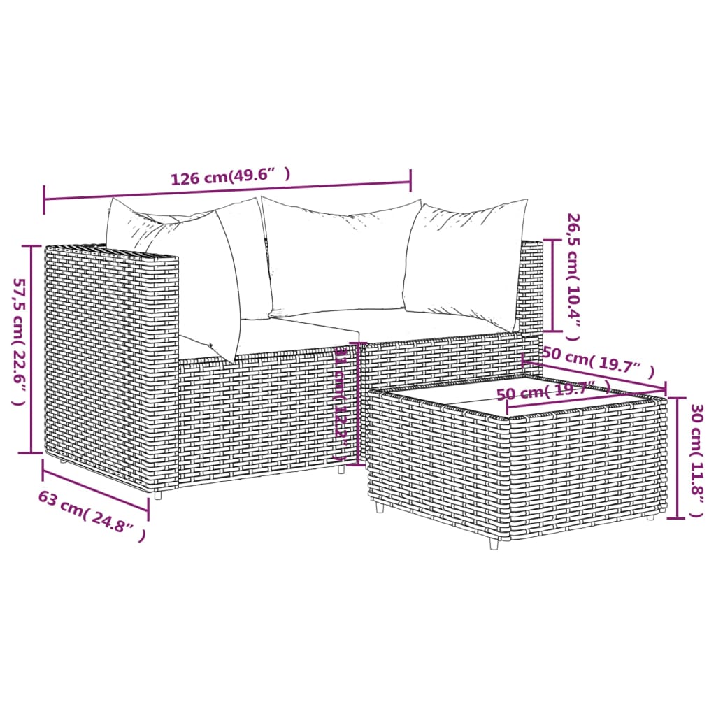 vidaXL Set Divani da Giardino 3 pz con Cuscini Nero in Polyrattan