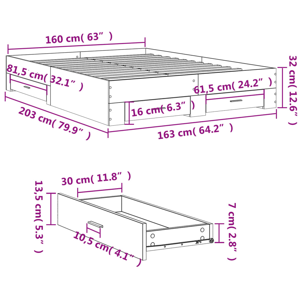 vidaXL Giroletto Cassetti Rovere Marrone 160x200 cm Legno Multistrato