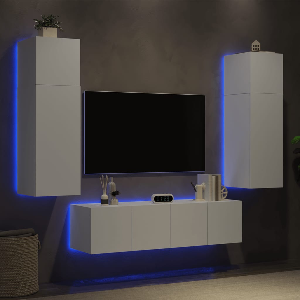 vidaXL Mobili TV a Muro con LED 6pz Bianchi in Legno Multistrato