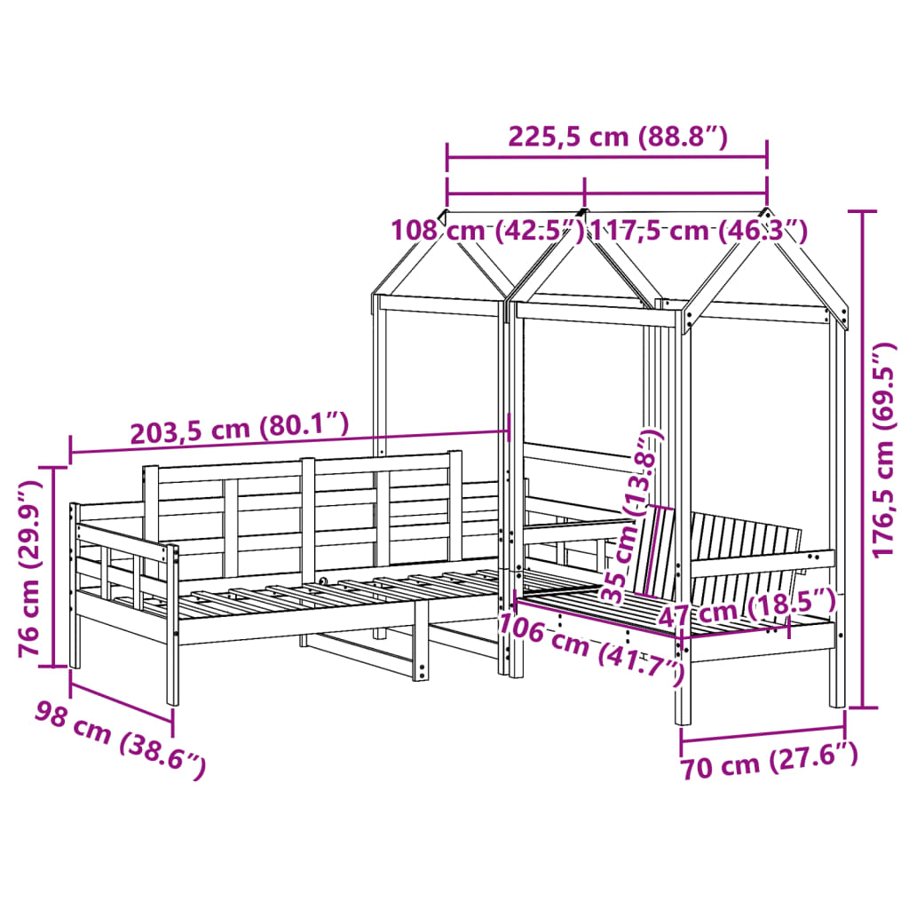 vidaXL Set Dormeuse e Panca con Tetto 90x200cm Legno Massello di Pino