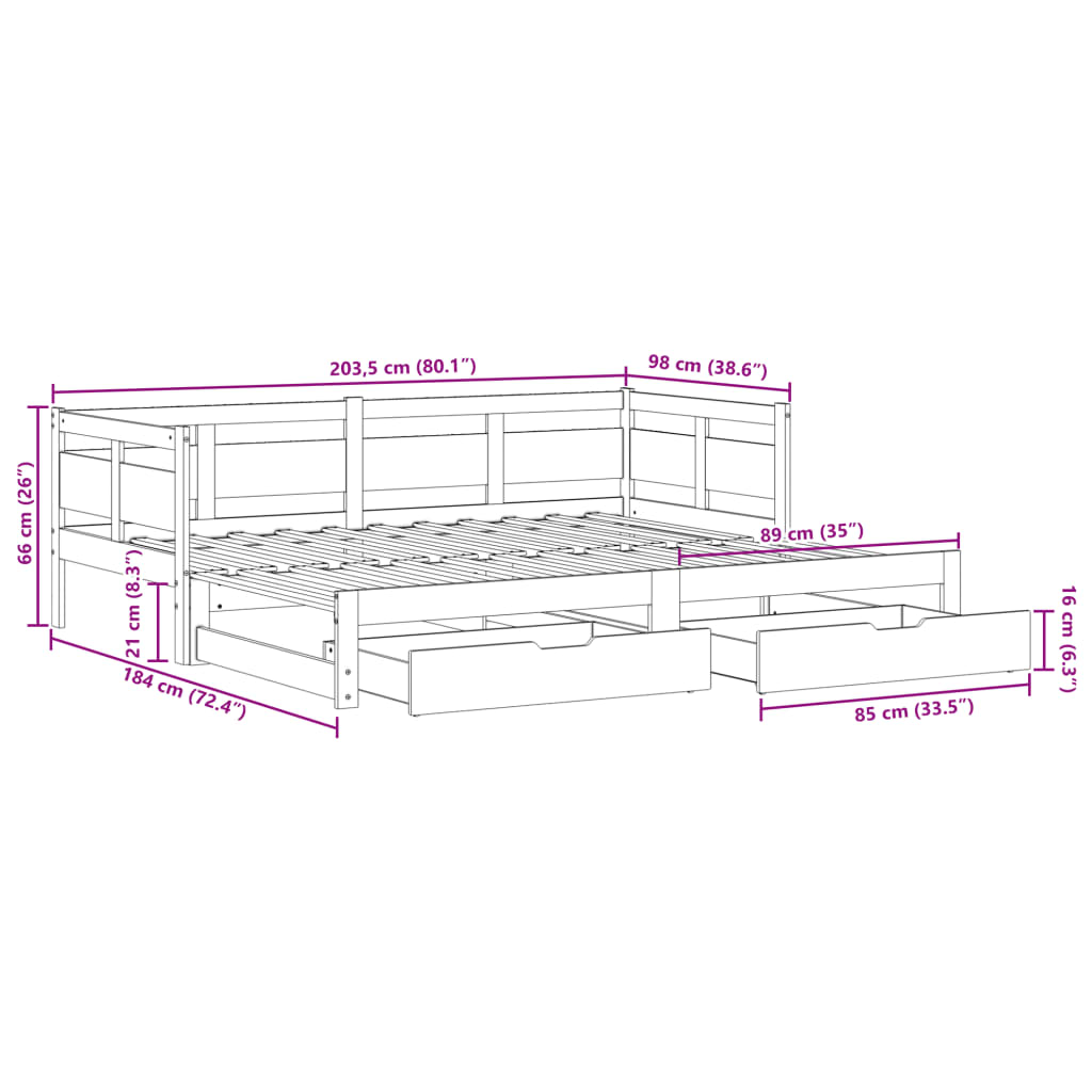 vidaXL Letto Estraibile con Cassetti senza Materasso Bianco 90x200 cm