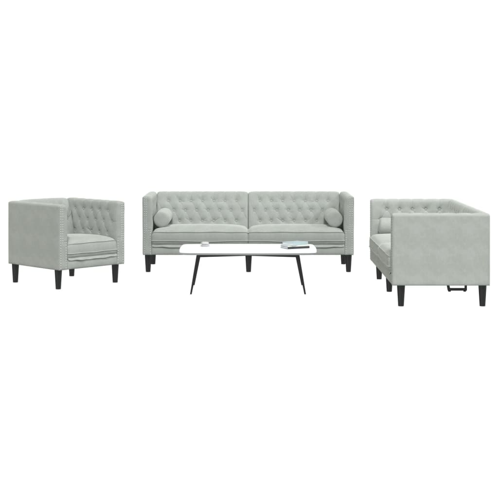 vidaXL Set Divani Chesterfield 3pz con Cuscini Grigio Chiaro Velluto