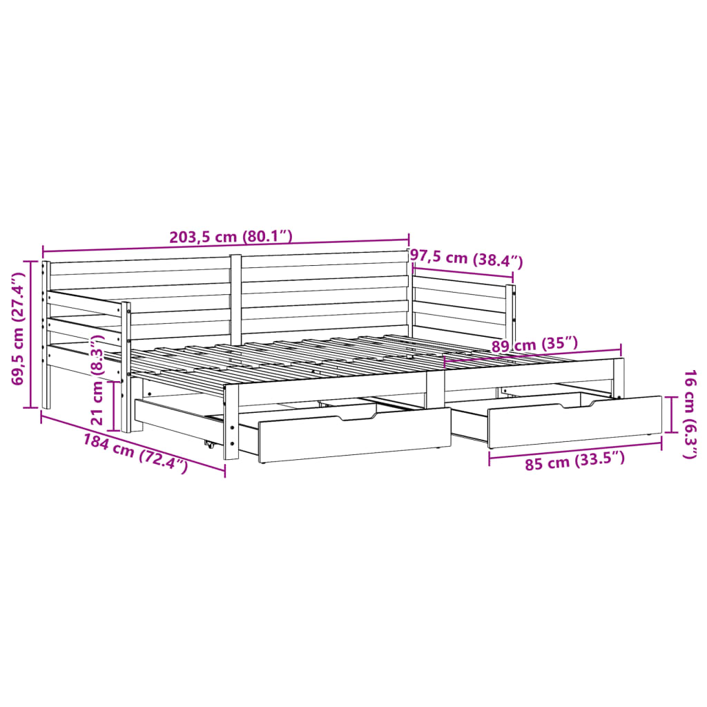 vidaXL Letto Estraibile con Cassetti senza Materasso Bianco 90x200 cm