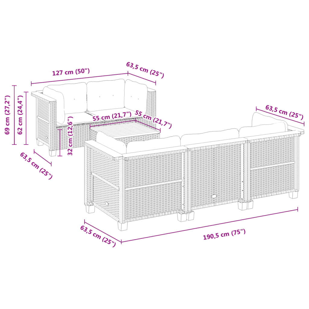 vidaXL Set Divano da Giardino 6 pz con Cuscini Grigio in Polyrattan