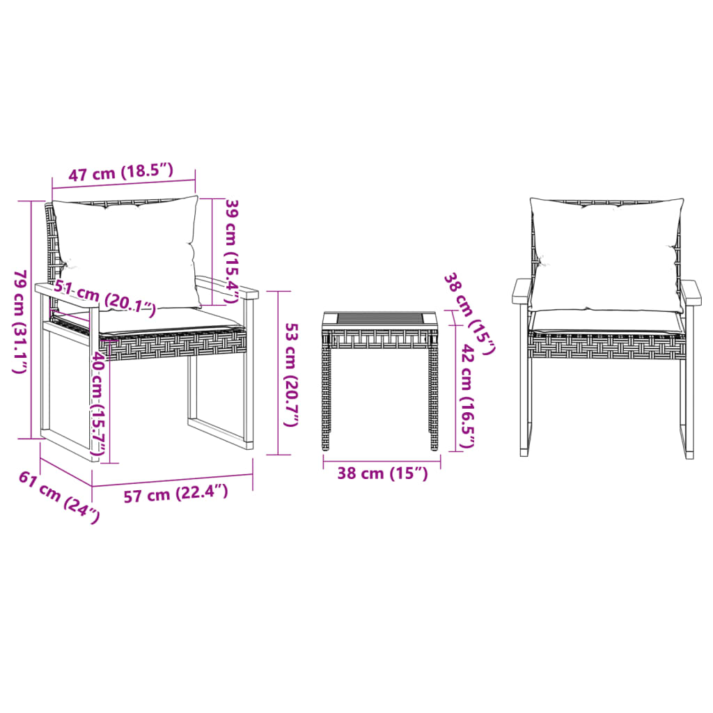 vidaXL Set da Bistrò 3 pz con Cuscini Beige Misto Polyrattan e Acacia