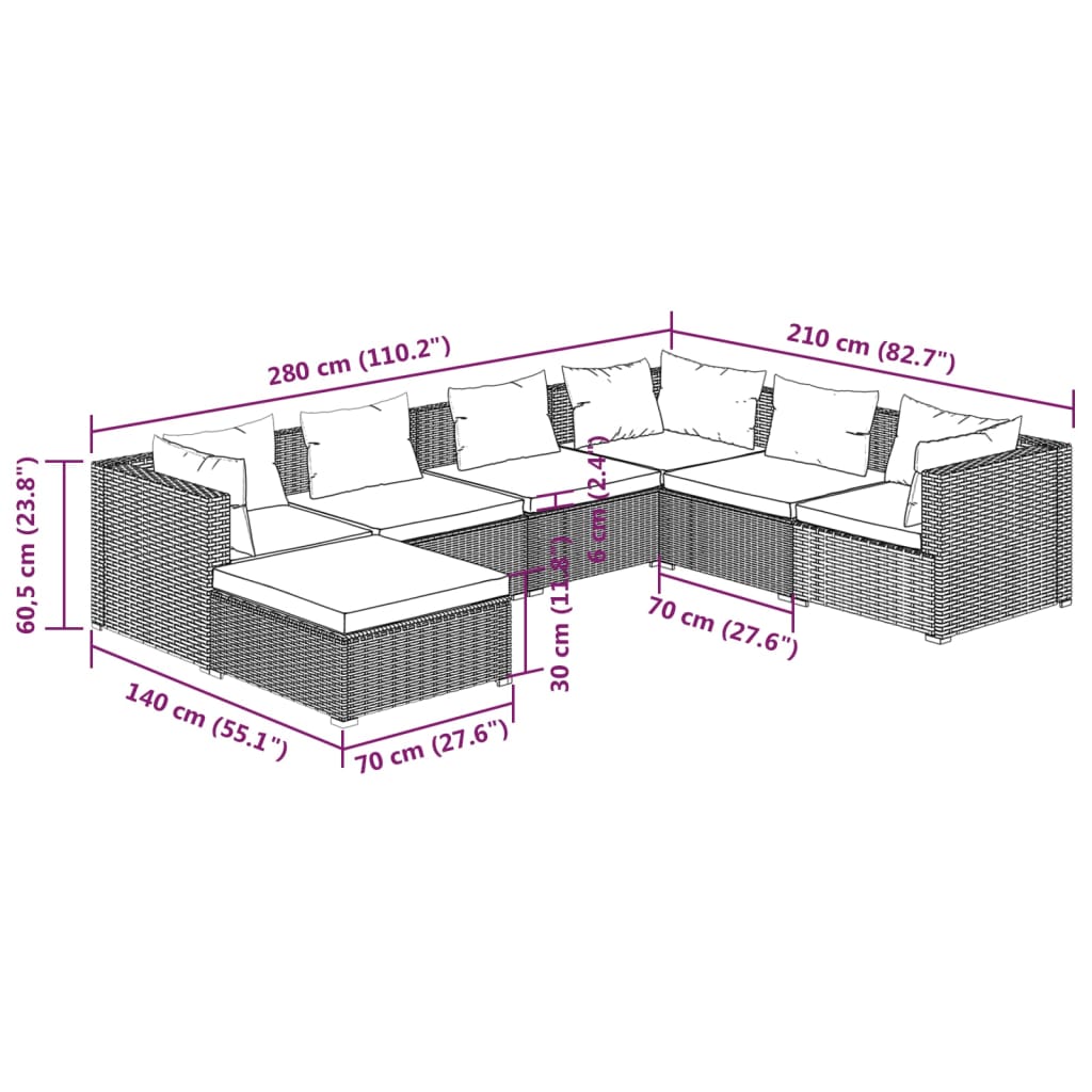 vidaXL Set Divani da Giardino 7 pz con Cuscini in Polyrattan Grigio