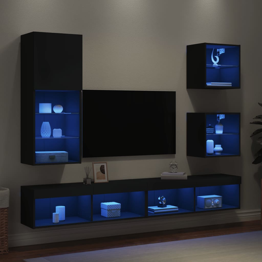 vidaXL Mobili TV a Muro con LED 5pz Neri in Legno Multistrato