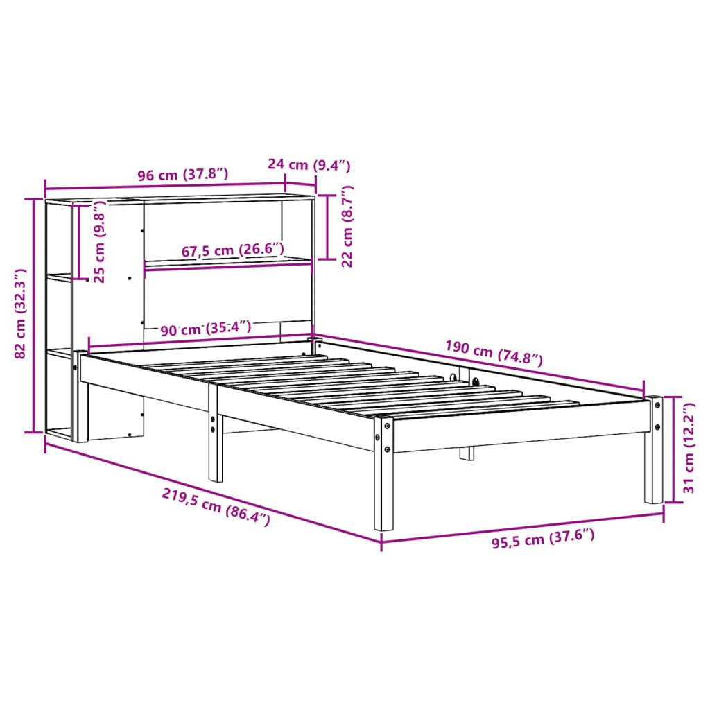 vidaXL Letto Libreria senza Materasso 90x190 cm Legno Massello Pino