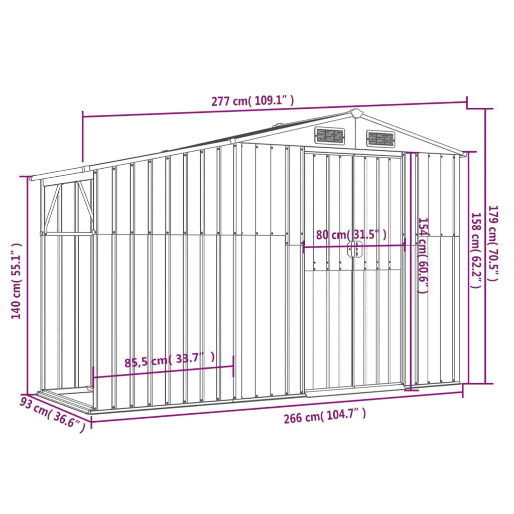 vidaXL Capanno da Giardino Marrone 277x93x179 cm in Acciaio Zincato