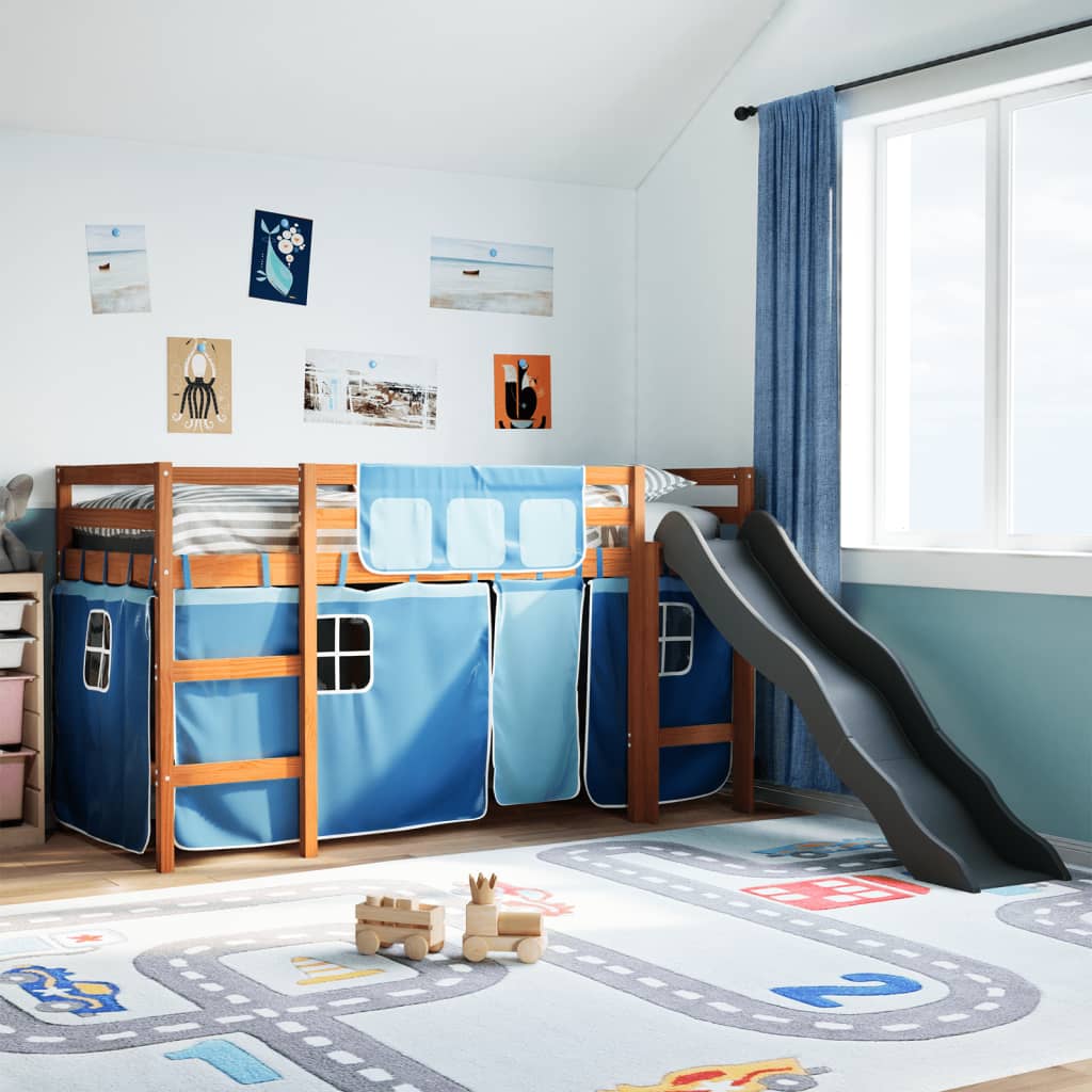 vidaXL Letto a Soppalco con Tende Bambini Blu 80x200 cm Massello Pino