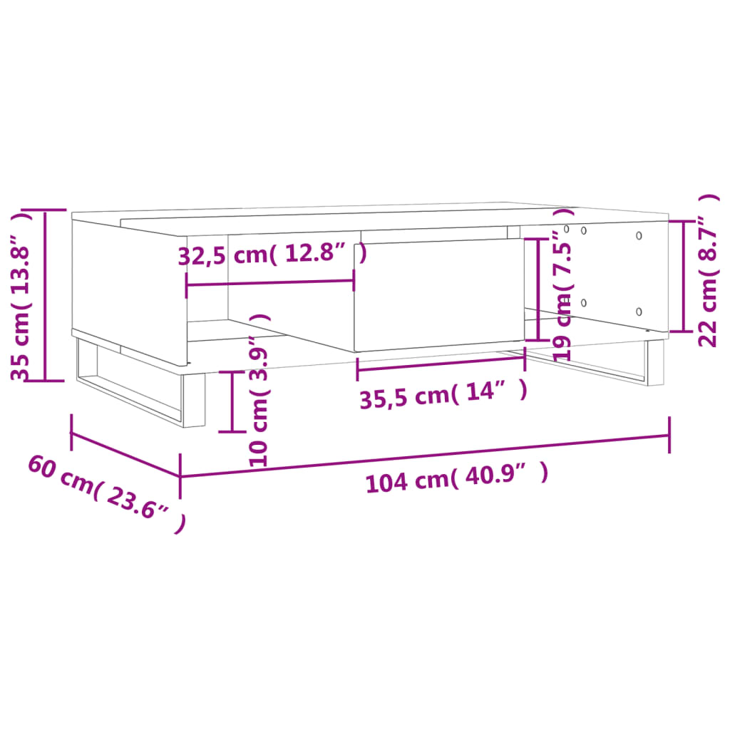 vidaXL Tavolino da Salotto Bianco 104x60x35 cm in Legno Multistrato