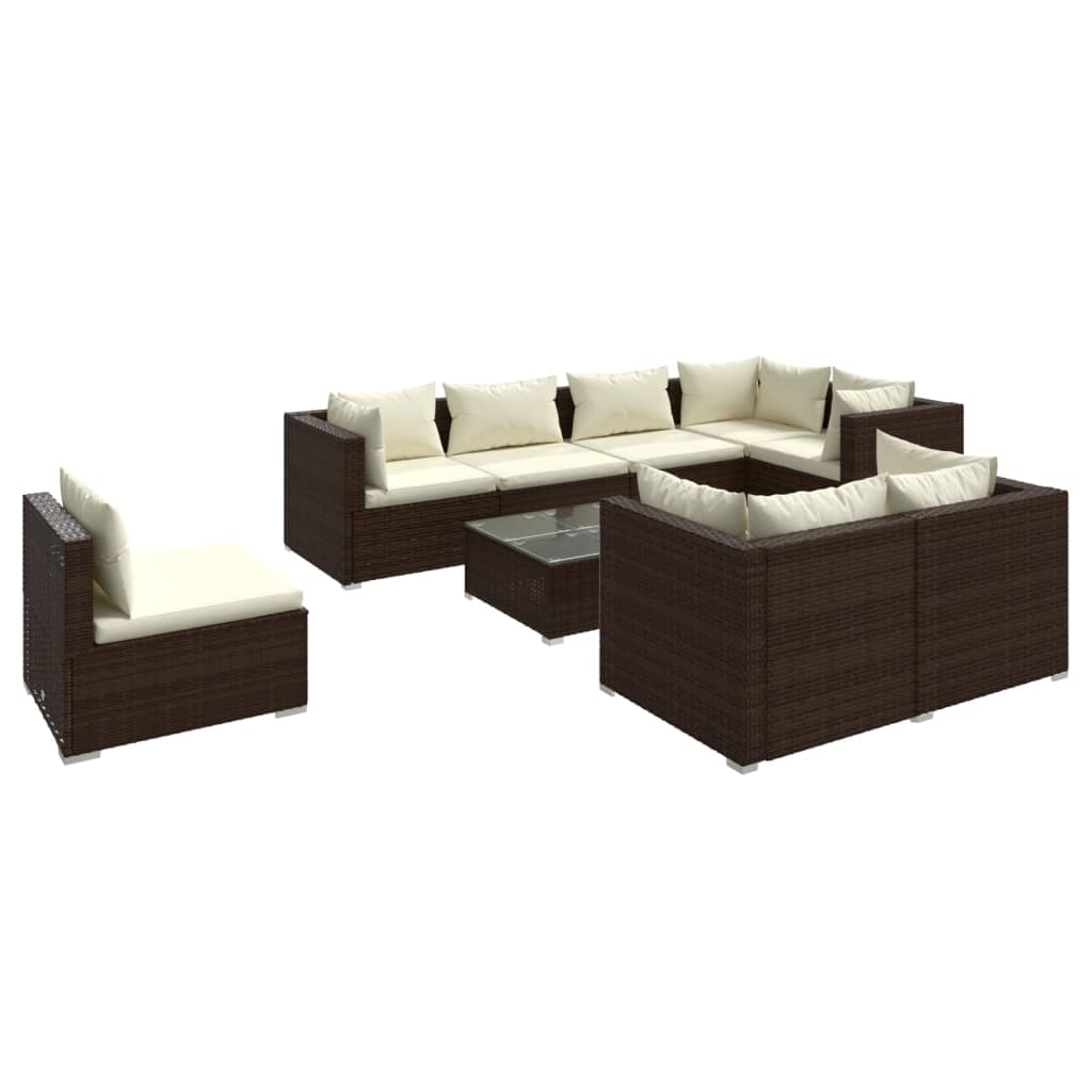 vidaXL Set Divani da Giardino 9 pz con Cuscini in Polyrattan Marrone