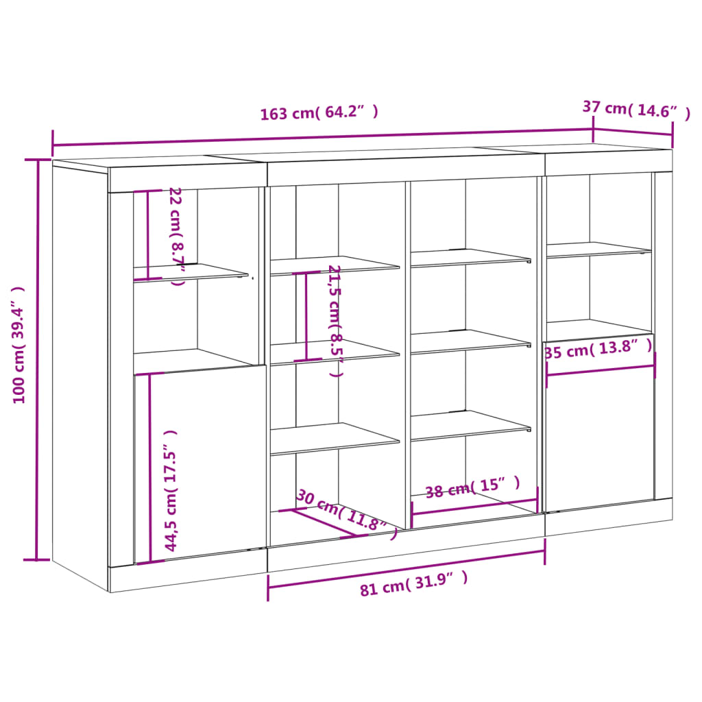vidaXL Credenze con Luci LED 3 pz Bianche in Legno Multistrato