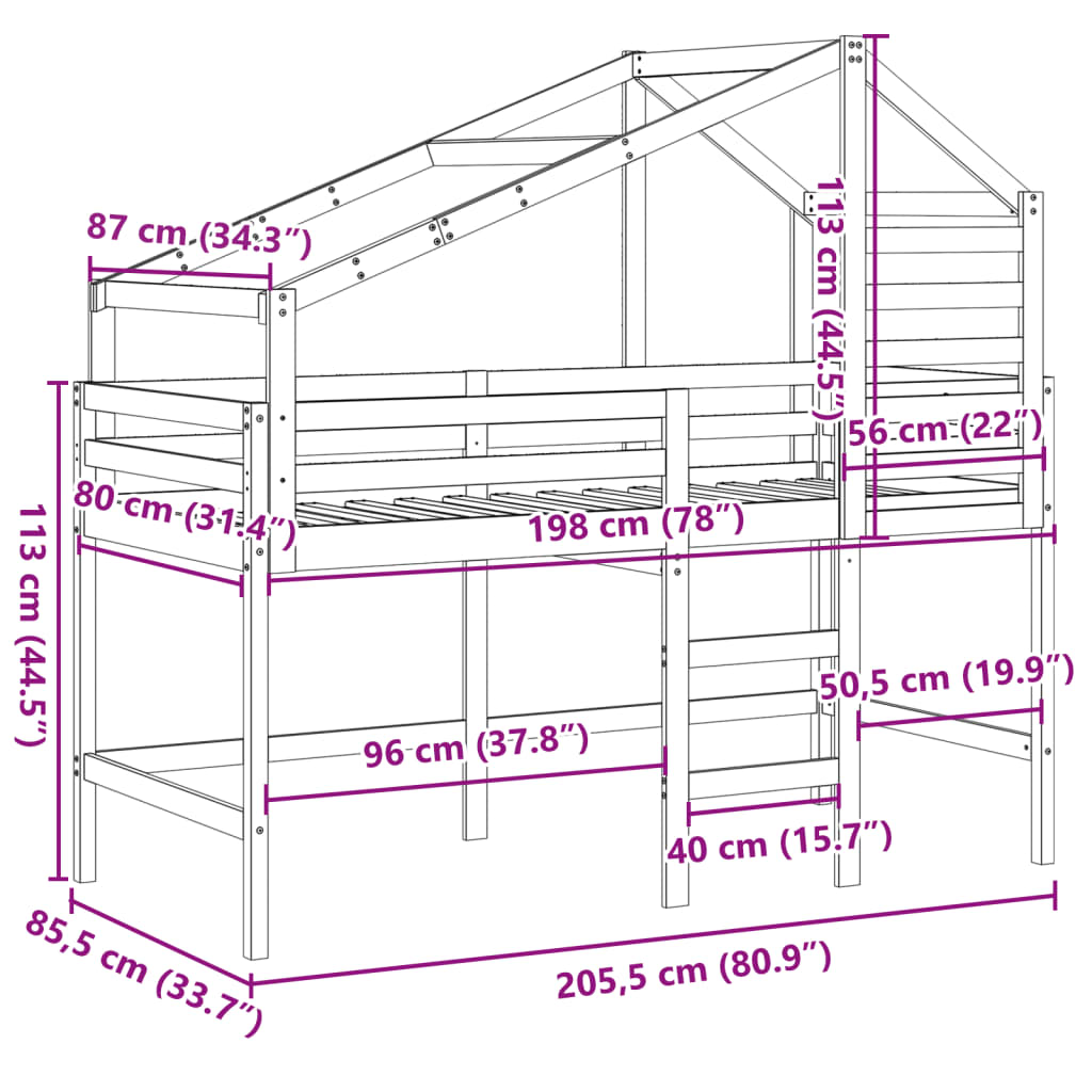 vidaXL Letto Soppalco con Scala e Tetto 80x200 cm Legno Massello Pino