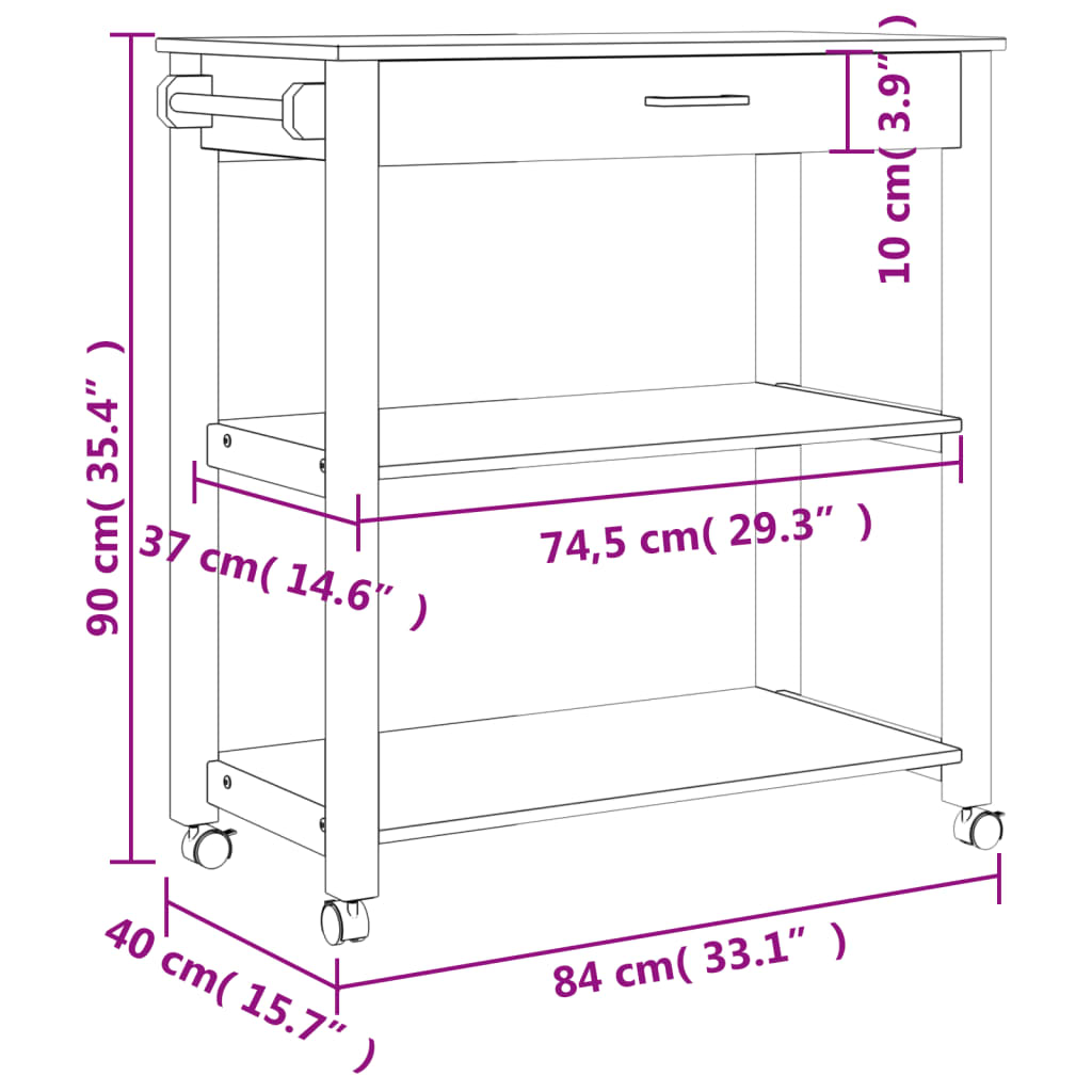 vidaXL Carrello da Cucina MONZA 84x40x90 cm in Legno Massello di Pino