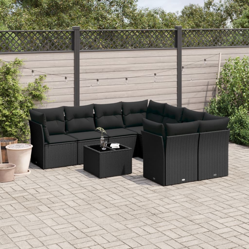 vidaXL Set Divani da Giardino 9 pz con Cuscini Nero in Polyrattan