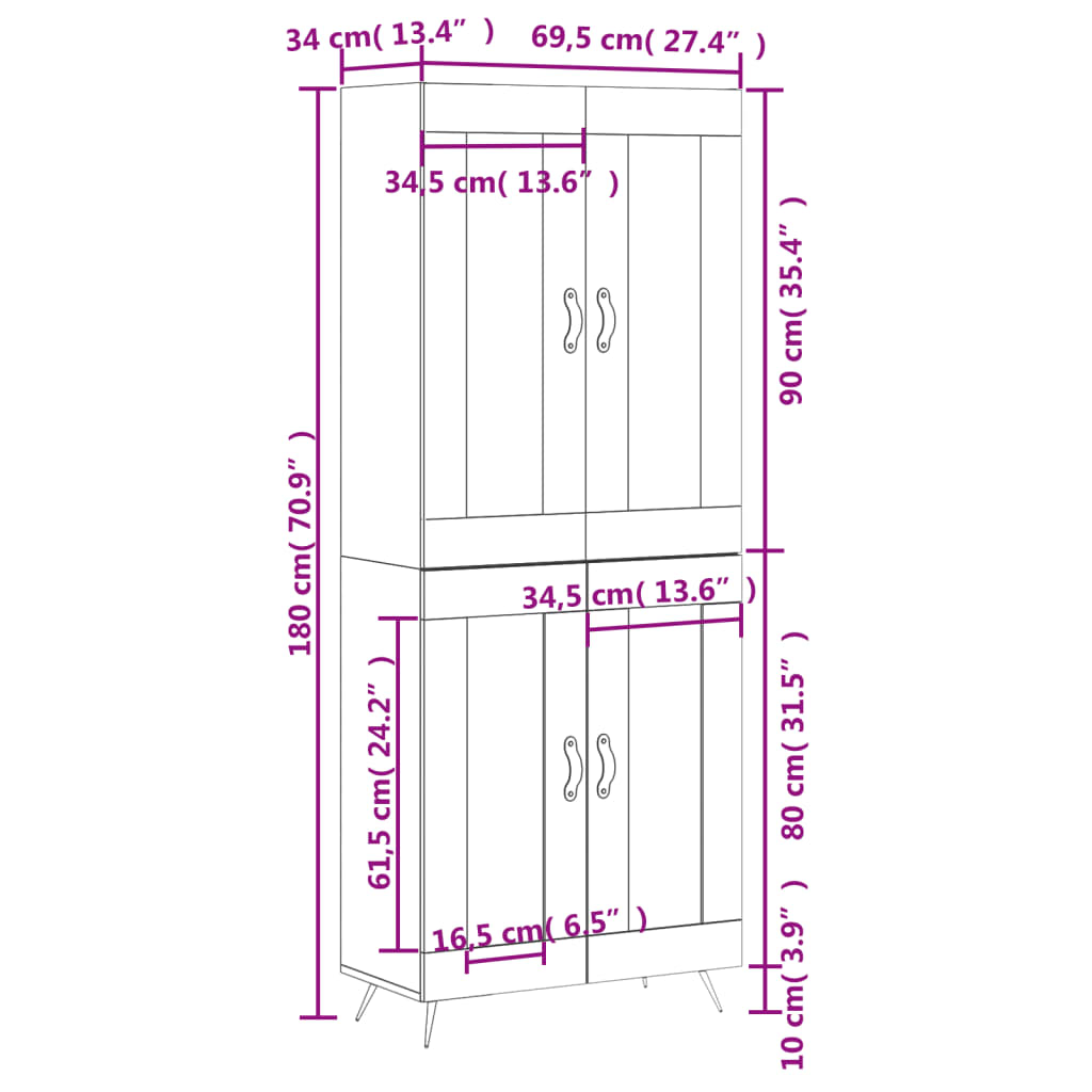 vidaXL Credenza Nera 69,5x34x180 cm in Legno Multistrato