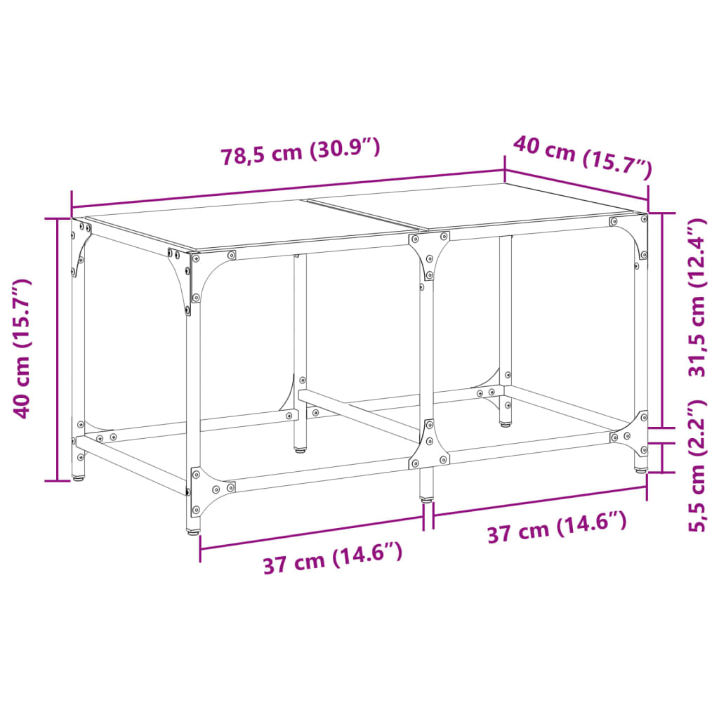 vidaXL Tavolini con Piano Vetro Trasparente 2 pz 78,5x40x40 cm Acciaio