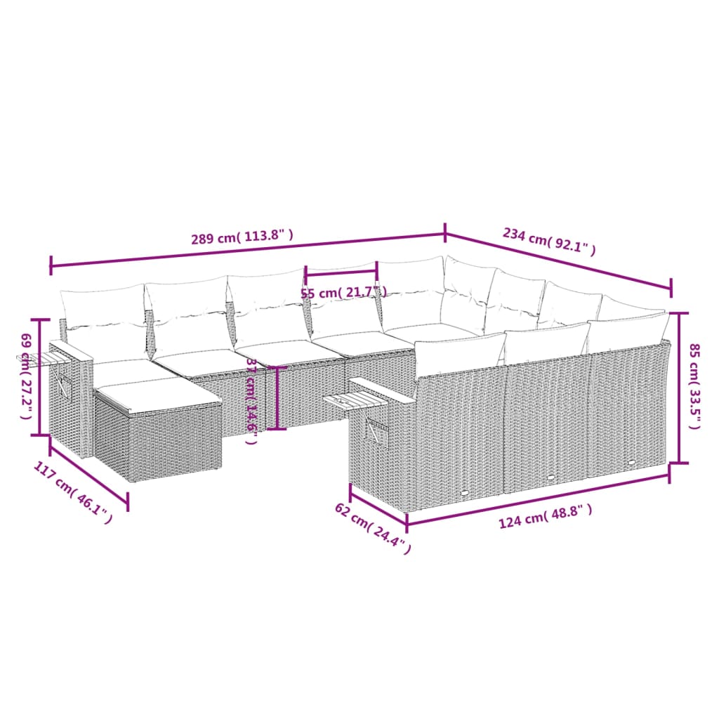 vidaXL Set Divani da Giardino 11 pz con Cuscini in Polyrattan Nero