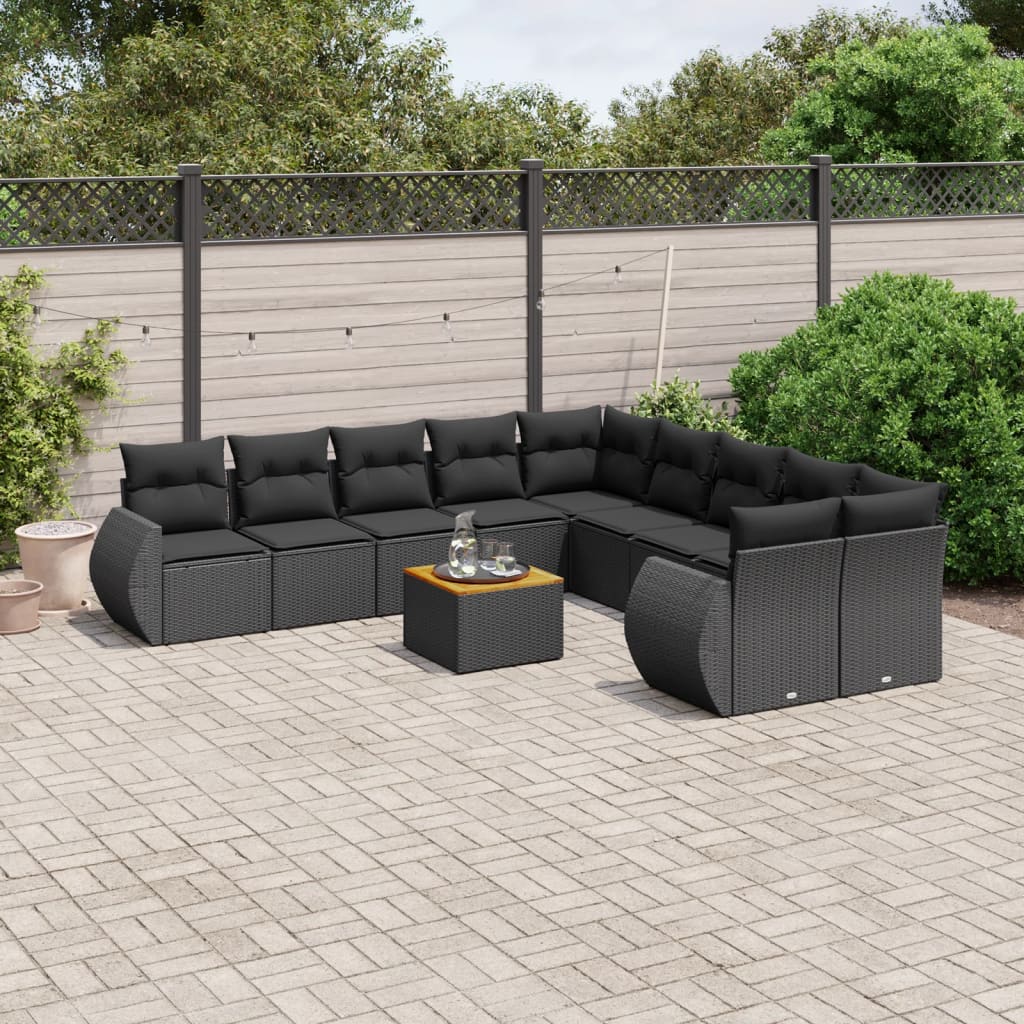 vidaXL Set Divani da Giardino 11 pz con Cuscini in Polyrattan Nero