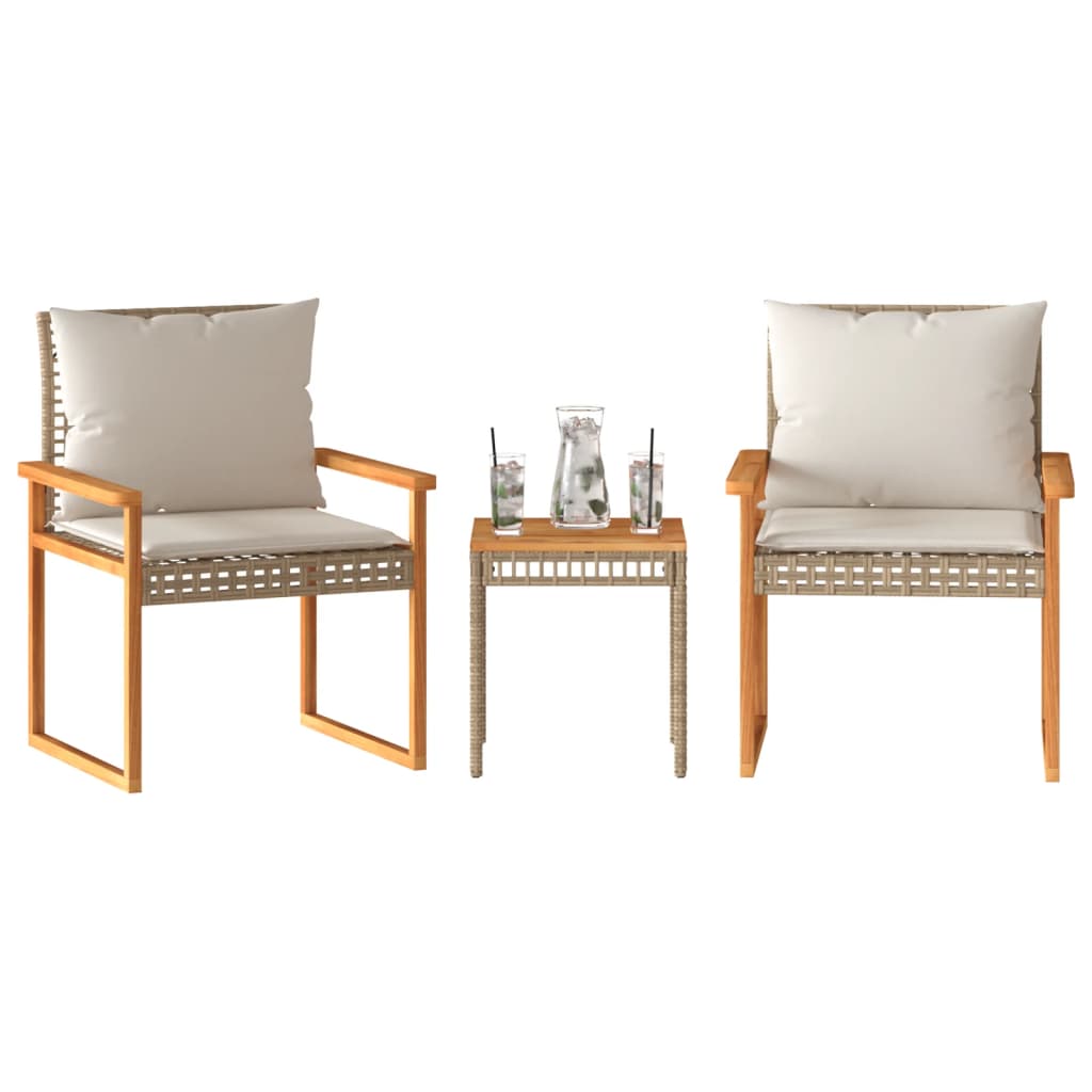 vidaXL Set da Bistrò 3 pz con Cuscini Beige Misto Polyrattan e Acacia