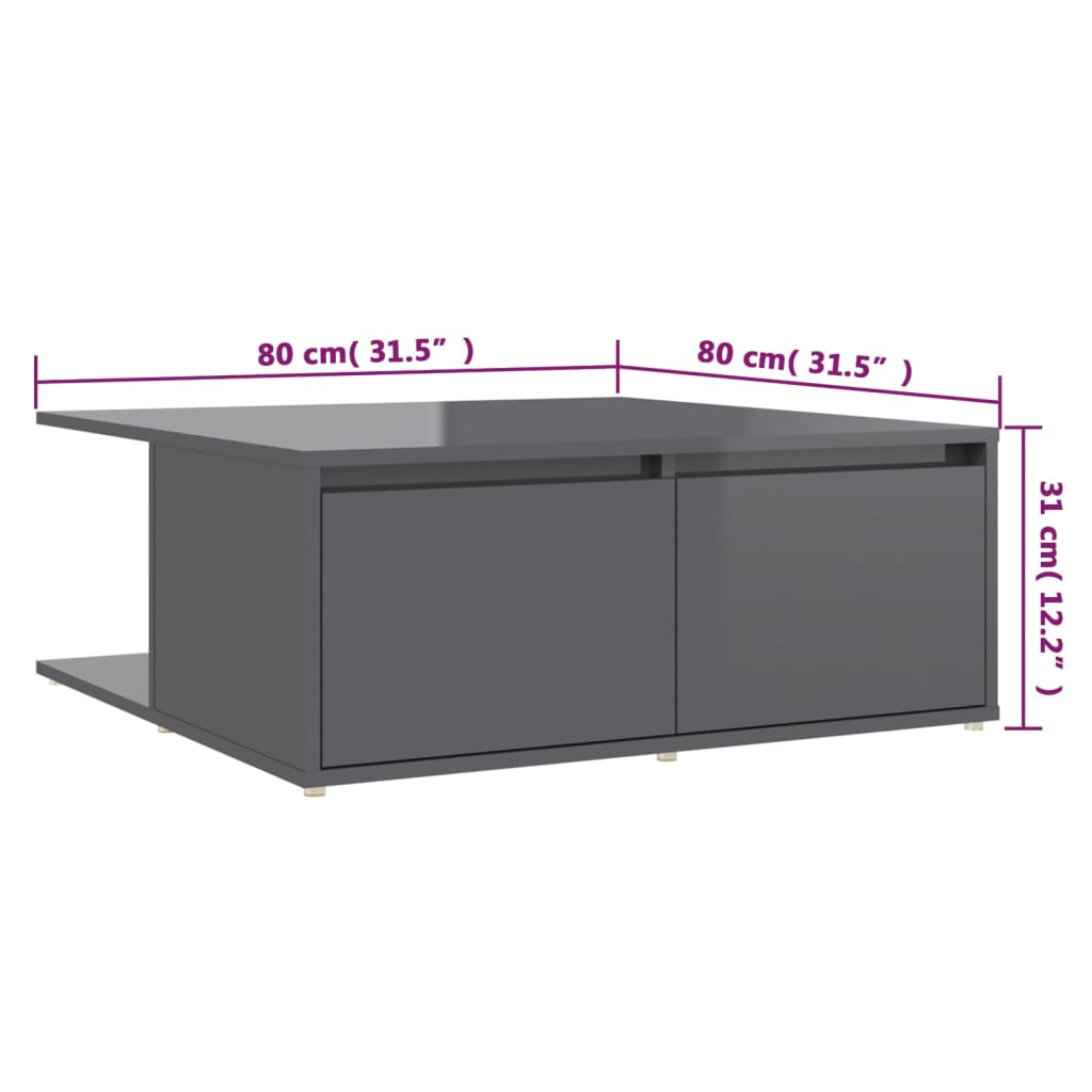 vidaXL Tavolino da Salotto Grigio Lucido 80x80x31 cm Legno Multistrato