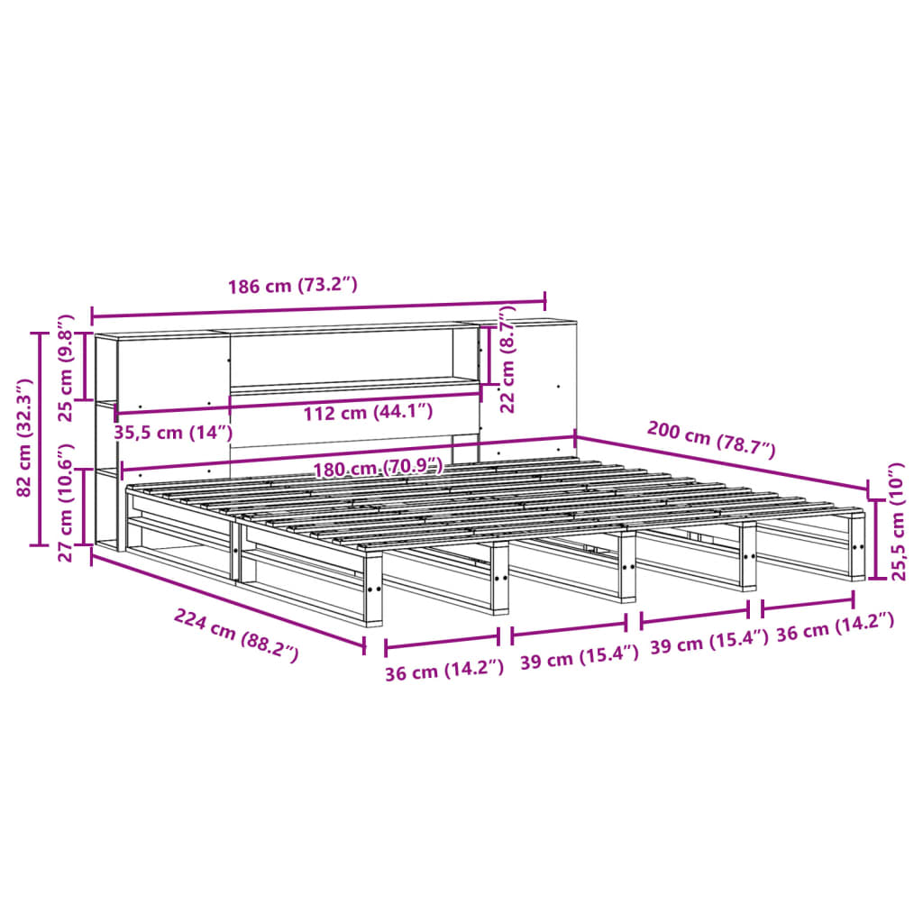 vidaXL Letto Libreria senza Materasso Bianco 180x200 cm Legno Massello